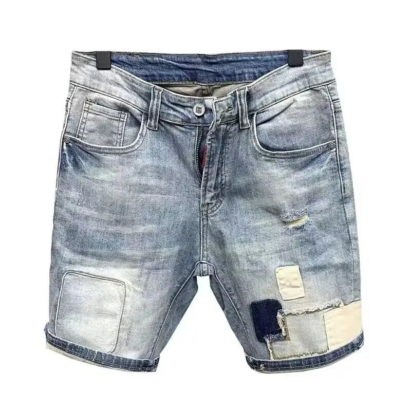 Summer Men Washed Hole Loose Denim Shorts Fashion Old Stretch Slim Fit Capris Beggar 5-point Pants Male Streetwear Jeans Shorts 240715