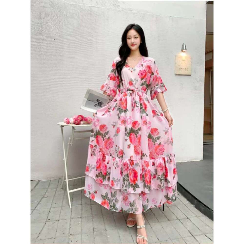 Summer New Ruffle Edge Style Fragmented Flower Slim Fit Waist Slimming Lace Up Chiffon Short Sleeve Long Dress Vacation Oversize Dress Pregnant Womens