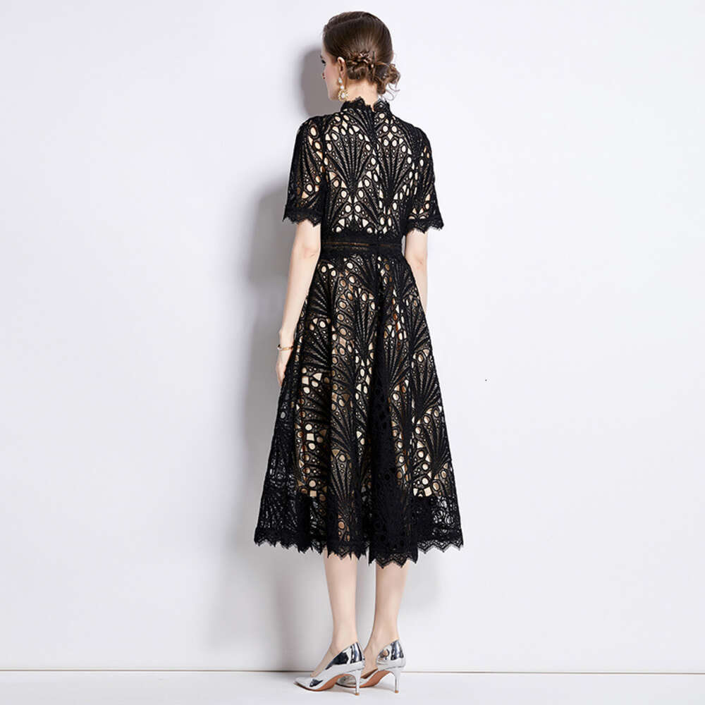 French Haute Couture Lace Patchwork Round Necked for Womens Summer New Collection Waist Slimming Style Large Hem Dress Pregnant Womens Dress High Wais