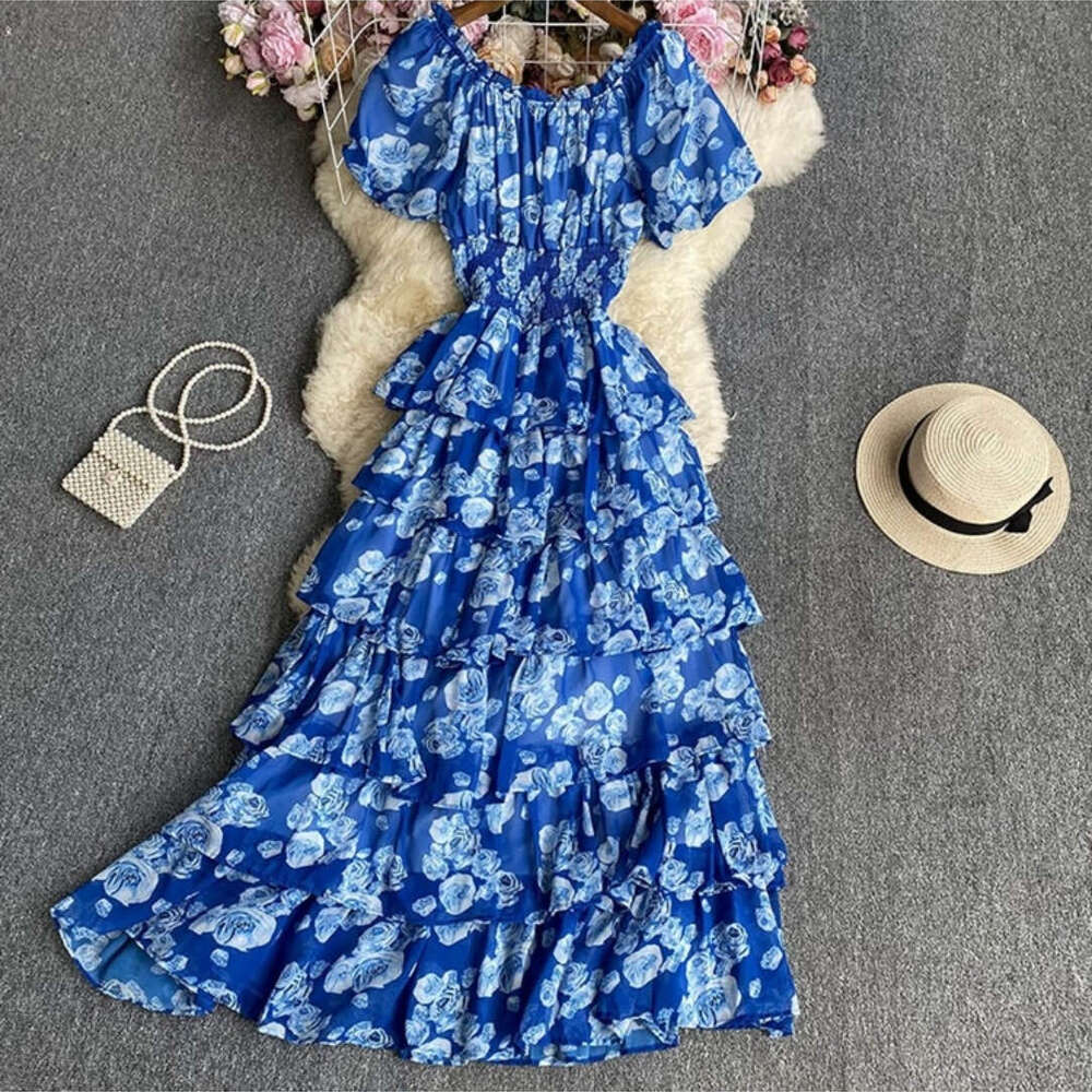 Fragmented Chiffon for Womens Summer New Bubble Short Sleeved Waist Slimming Holiday Luxury Cake Dress Fishtail Dress Waist Short BOHO DRESS High Wais