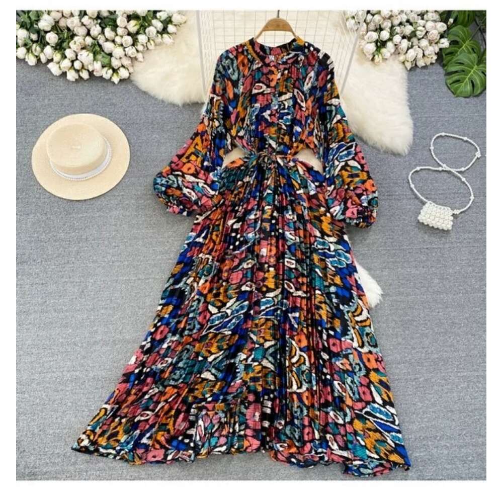 High End, Light Luxury, and Lantern Sleeved Round Neck with A Waistband That Looks Slim, Single Breasted Printed Dress, Elegant Long Skirt High Waist 