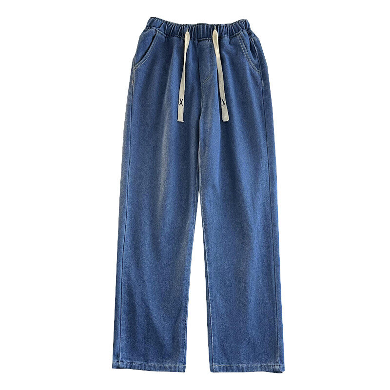 Denim Men's Winter Baggy Straight Trousers High Street Ulzzang Handsome Elastic Waist Pure Color American Loose Pants