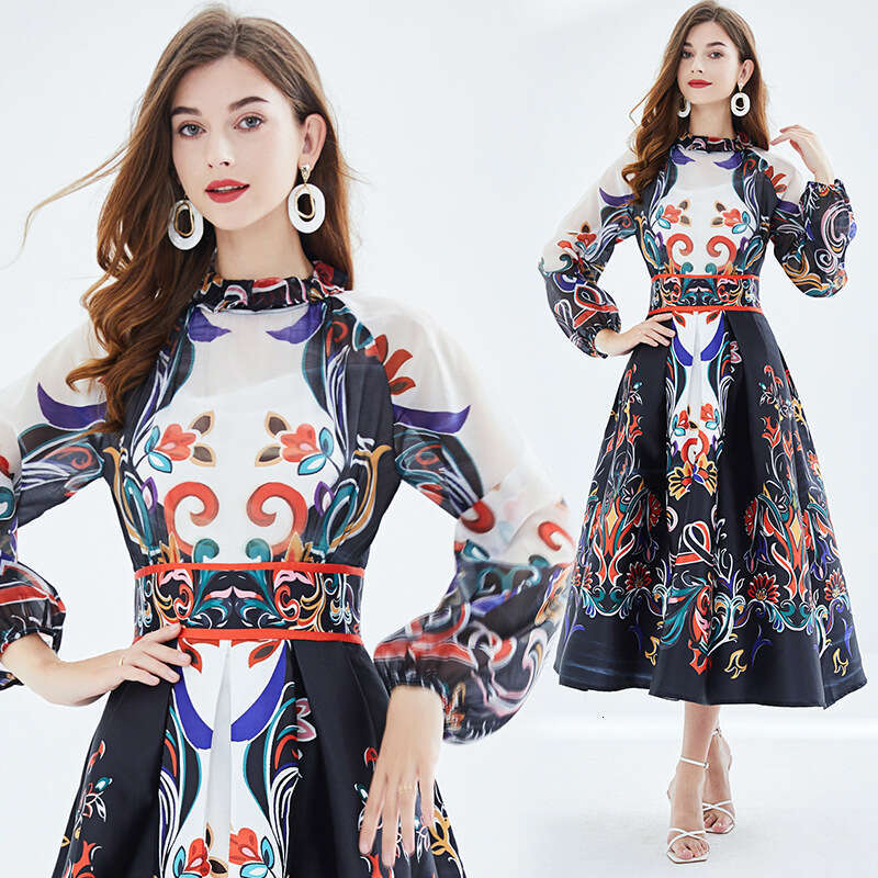 Wind Bright Silk Patchwork Lantern Long Sleeved Waist Positioning Printed Large Hem Fluffy Dress Waist Sexy Bifurcated Pregnant Womens Dress Oversize 