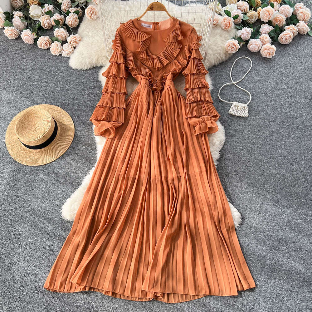 New Fungus Ruffled V-neck Cake Sleeves, Waist Cinched Pleated Long Skirt, Formal Dress Sexy Dress Fishtail Dress Loose Sexy Pregnant Womens Dress Lace