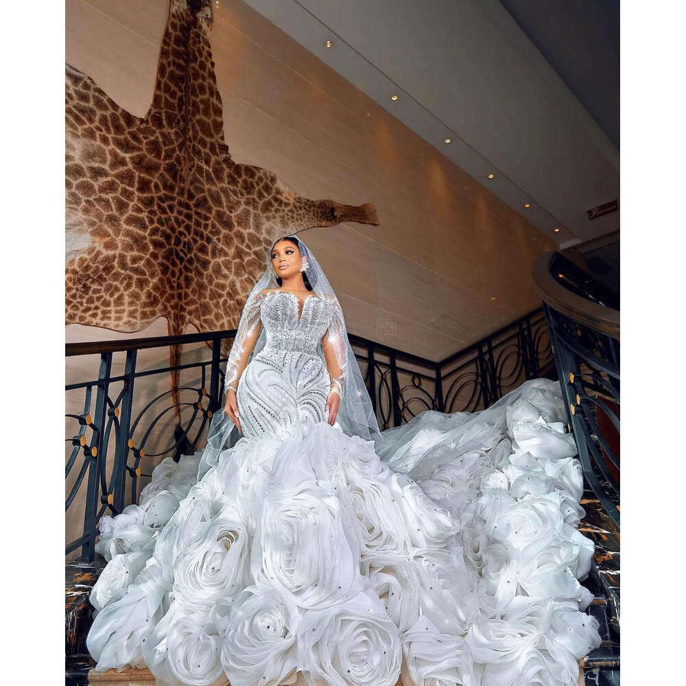 Beaded Bridal Mermaid Dresses Floral Ruffles Sparkly Bride Wedding Gowns Detachable Court Train Vestidos De Novia
