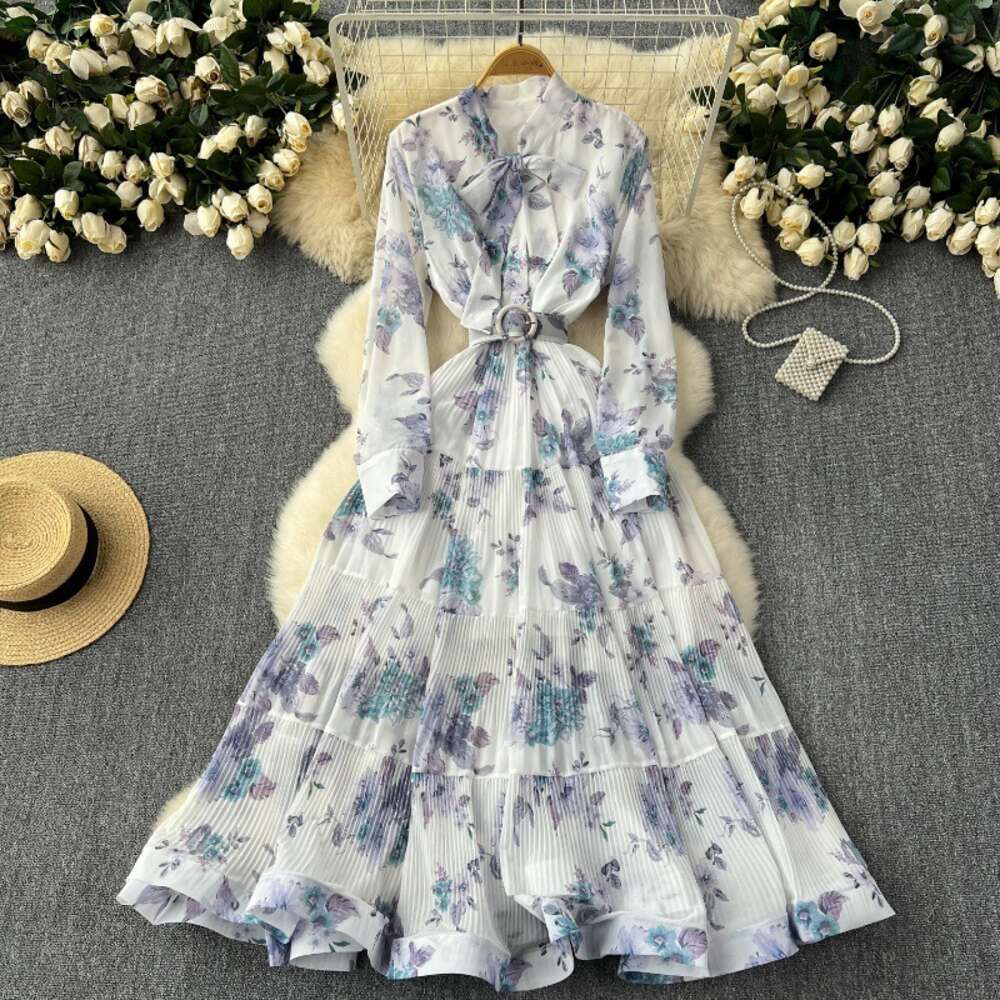 Light Mature Style 2024 New French Bow Tie Waist Wrap Large Ruffle Edge Fragmented Flower Long Dress Sexy Dress Waist Bifurcated Round Neck Dress Silk