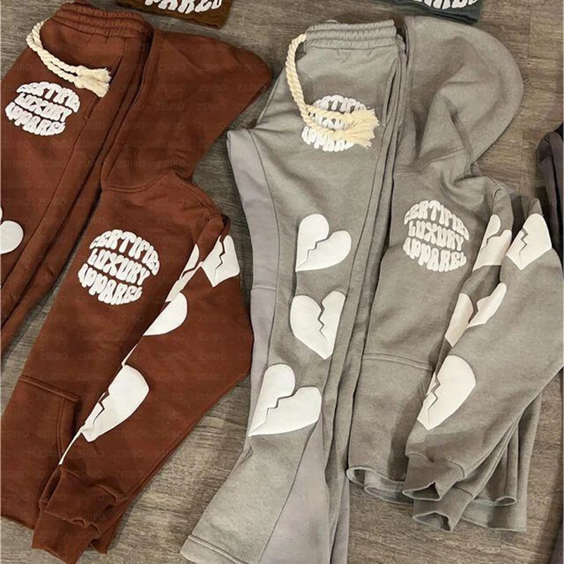 Y2K hoodie Foam Printed Hooded Sweatshirt Jacketed Letter Heart Pattern Long Sleeved Unisex Clothing Men Women Top Sweatpants 240708