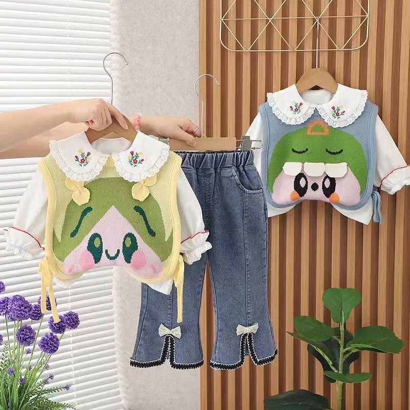 Clothing Sets Girls Spring and Autumn Season Set 2024 New Fashionable Girl Baby Korean Sweater Vest Three Piece Set Kids Outfits