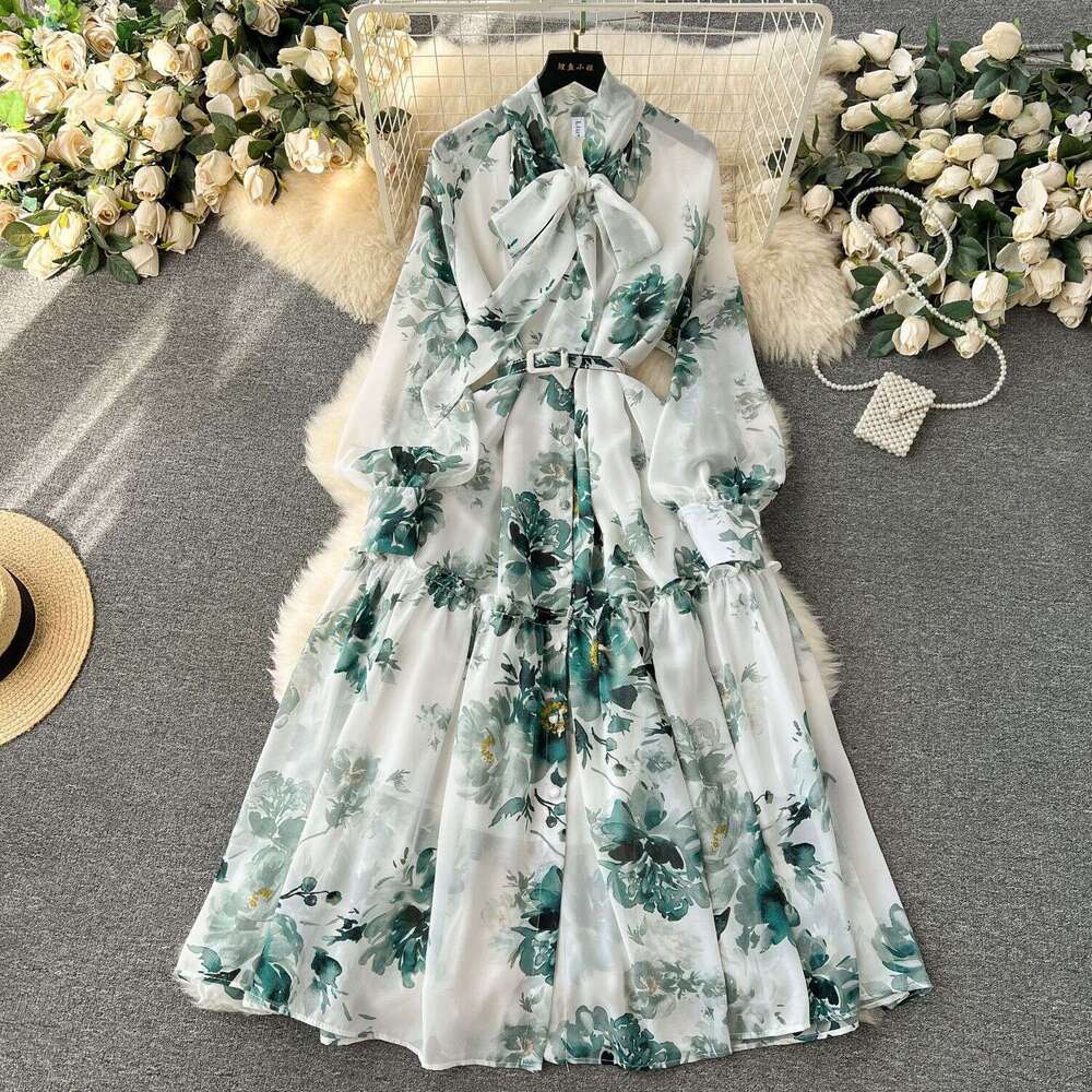 2024 Early Spring New French Bow Neck with Waist Closure for Slimming Mid Length Printed Style Dress Sexy Waist Temperament Self-cultivation Denim Dre