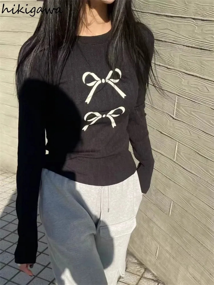Simple Fashion Tshirts for Women Bow Print Casual Tees Ropa Mujer Long Sleeve O-neck Crop Tops Temperament Ladies T Shirts 240715