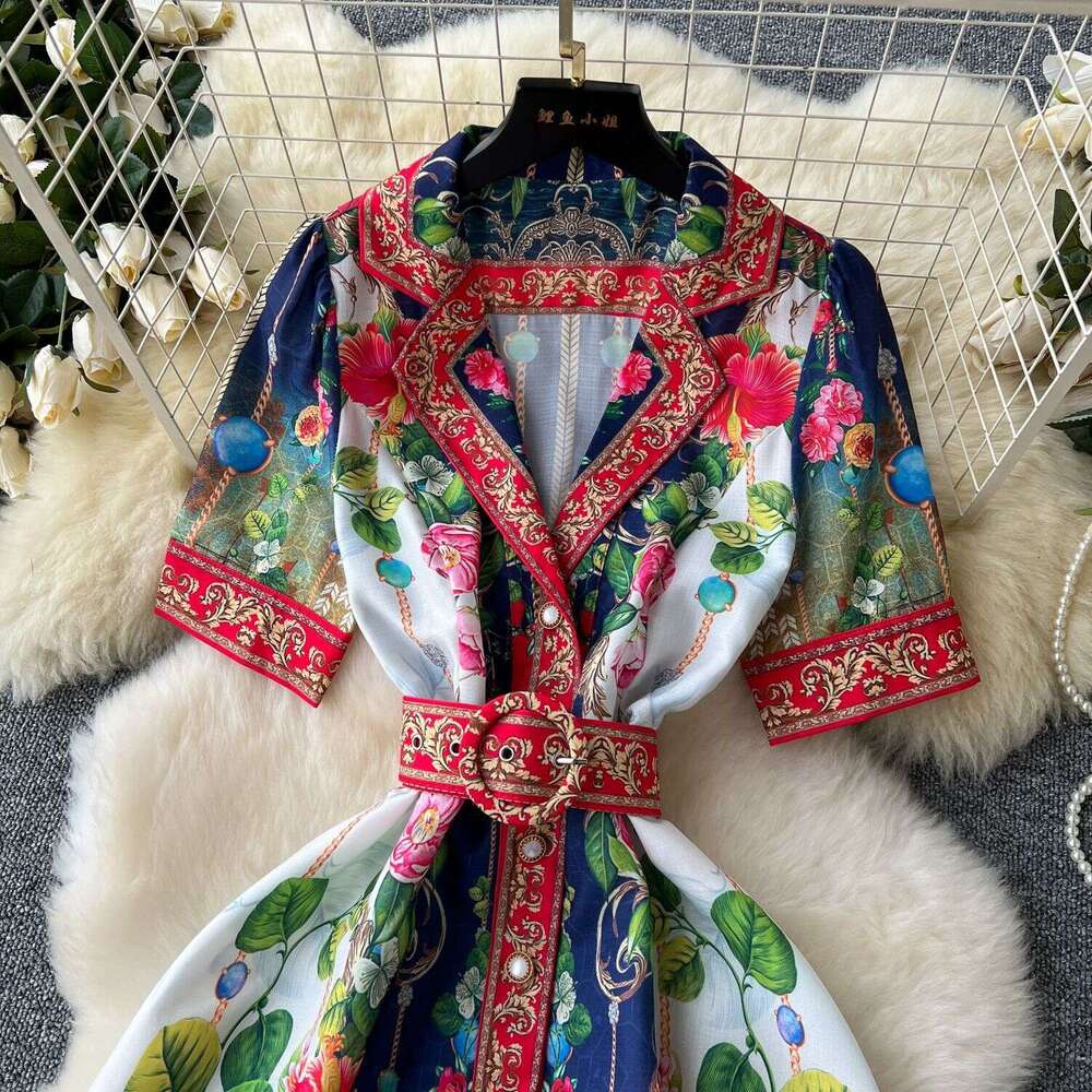 Fashion Ventilation 2024 Summer New Womens Shirt Collar Single Breasted Waist Wrap Print French Elegant Long Dress Floral Dress Waist Novelty Round Ne