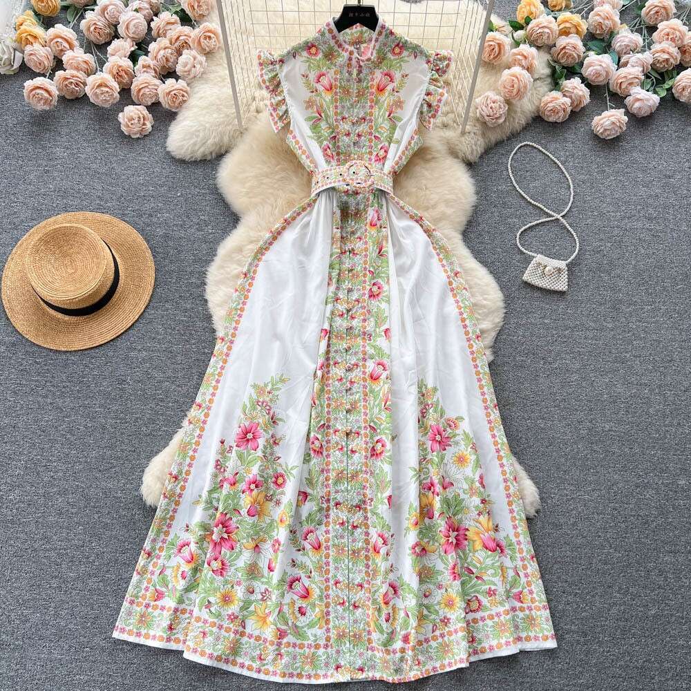 Fashionable and High-end Style Printed Dress for Womens Summer Stand Up Collar, Single Breasted, Waist Cinched, Small Flying Sleeves, Large Hem Long S