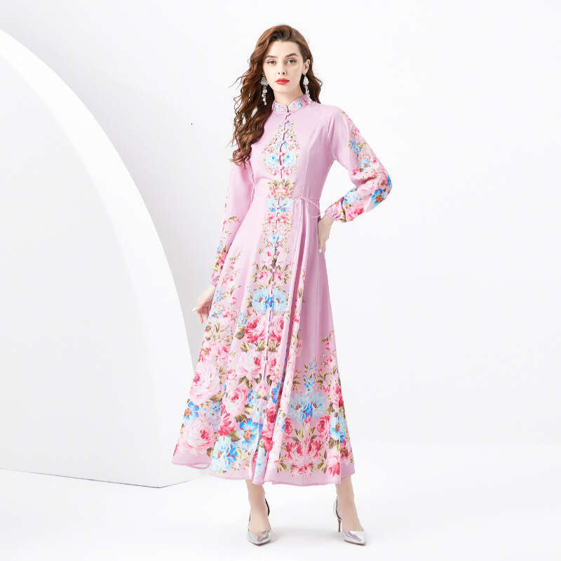 Ladies 2024 Spring/summer - Vacation Style Stand Up Collar Single Breasted Diagonal Cut Print Wide Swing Long Dress Bifurcated Sexy BOHO DRESS Round N