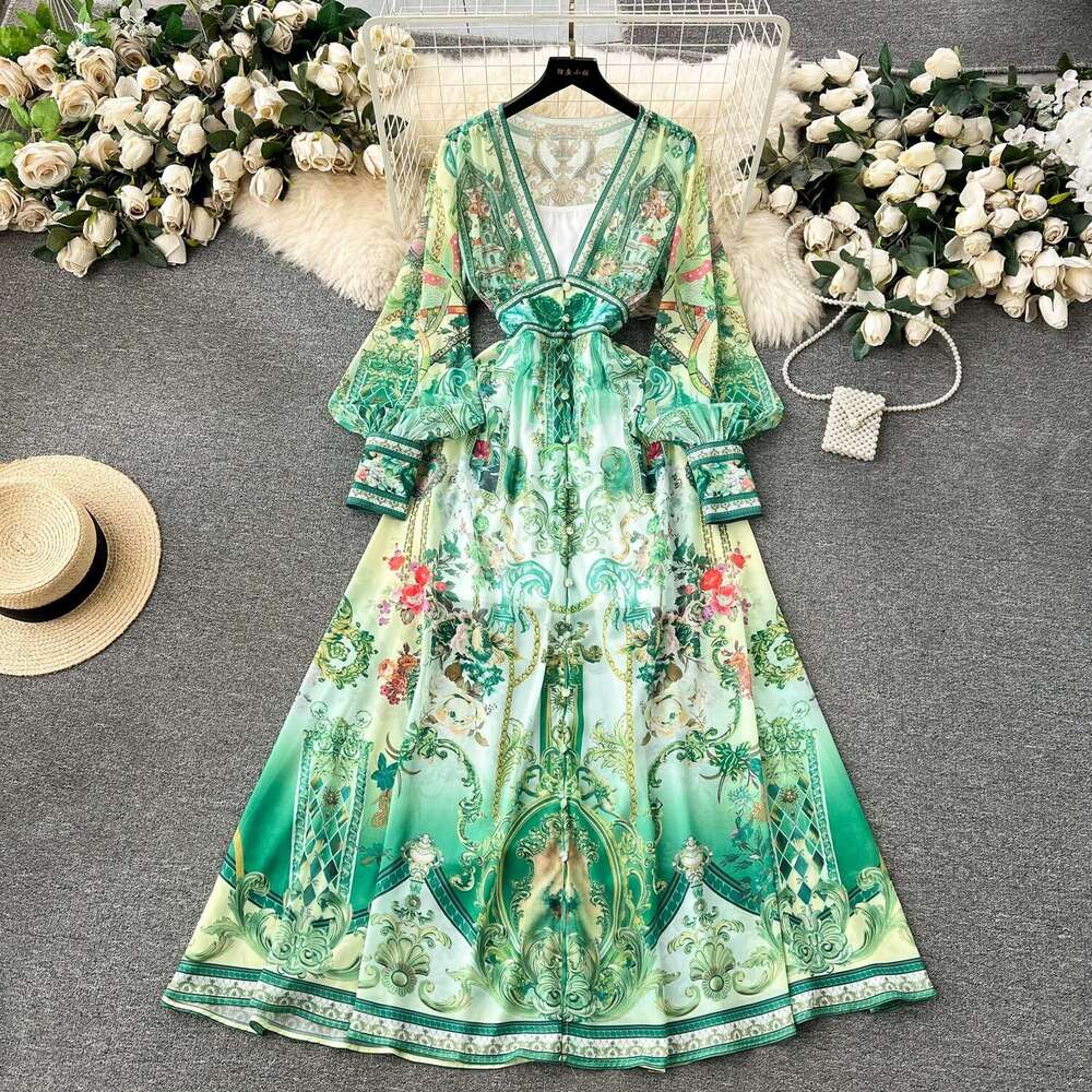 European Design, Print, Sexy Deep V-neck, Button Up, Slim Long Bubble Sleeves, Elegant and Stylish Floral Dress Novelty Short Lace Dress High Waist Dr