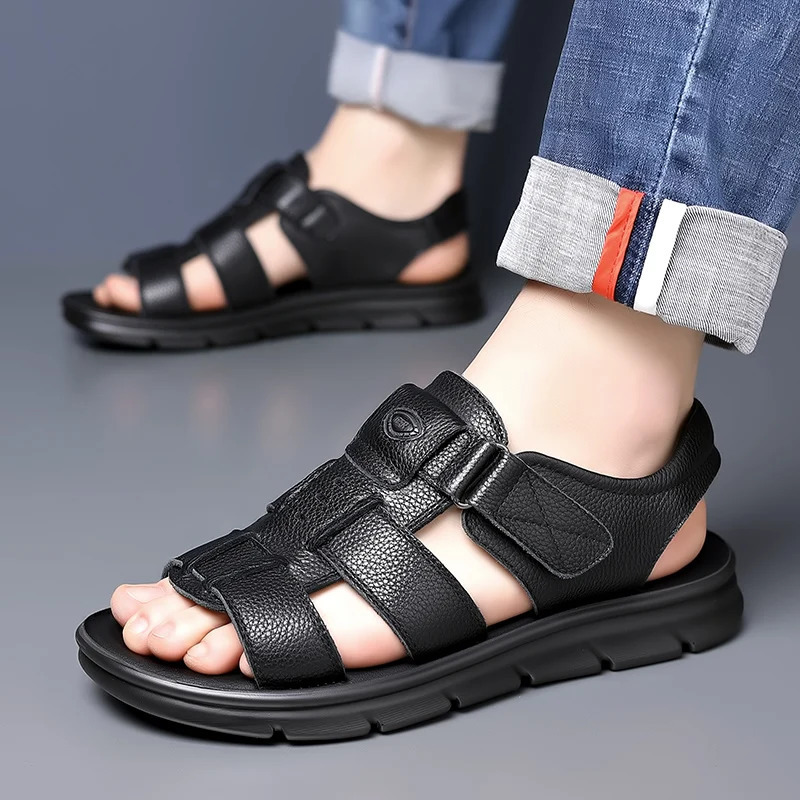 Mens Fashion Top Leather Roman Beach Sandals Summer Breathable Soft Sole Non slip Outdoor Quick Drying Sandals 240715