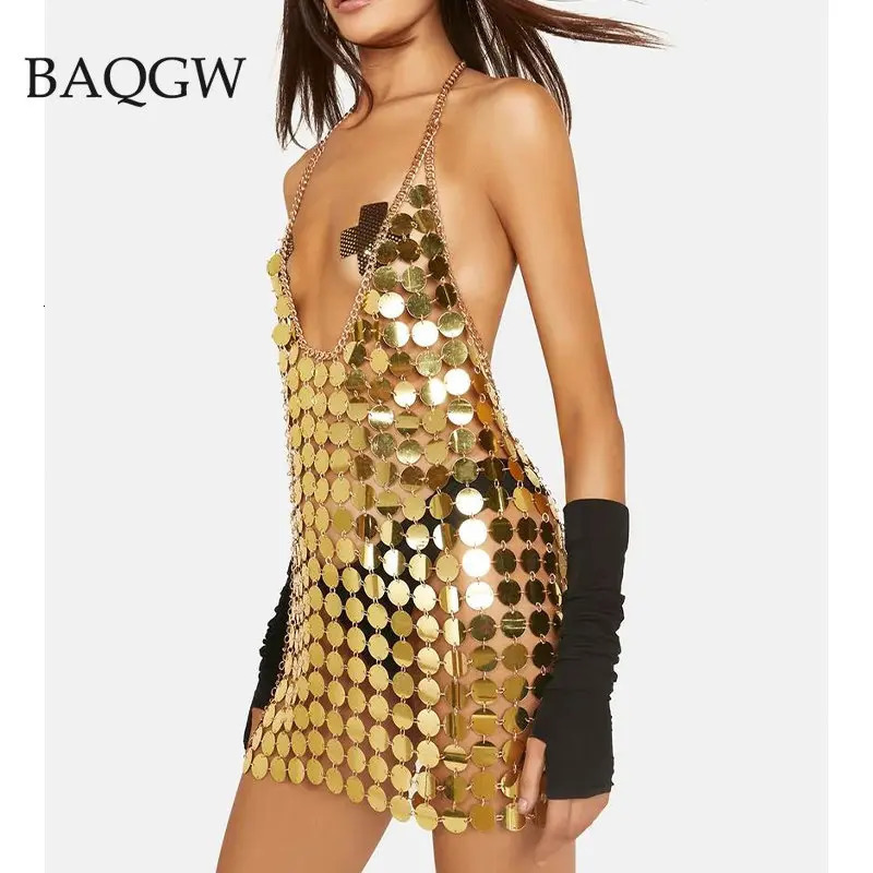 Women Fashion Sleeveless Sexy Backless Glitter Black Gold Chainmail Sequin Patchwork Mini Dresses Diana Silver Disc Dress 240716