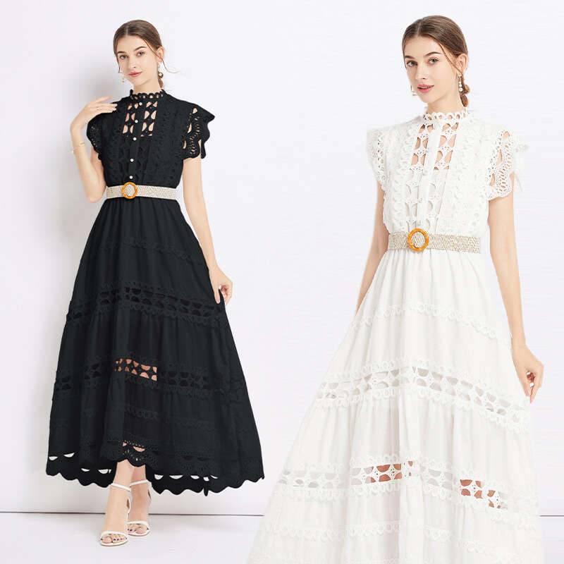 Heavy Industry Design Solid Color Long Fashionable Standing Neck Sleeveless Hollow Out Dress Without Sling Bifurcated Temperament Short BOHO DRESS