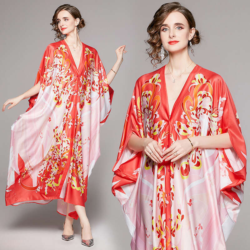 Beach Skirt, Spring and Summer Womens Clothing, Temperament, Printed Fashion, Versatile, One Line Neck, Loose Tie Up Dress Pregnant Womens Dress SKINN