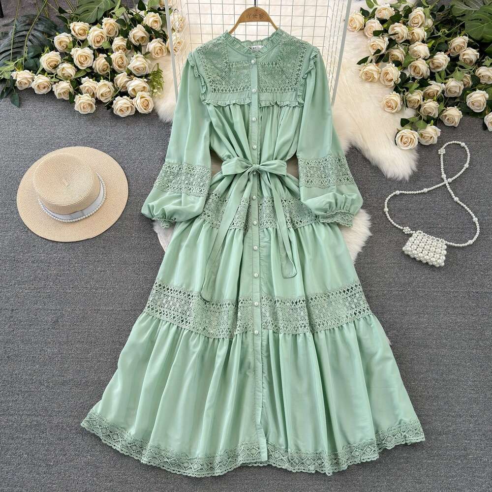 High End, Light Luxury, Socialite Temperament, Lantern Sleeves, Long Sleeved Stand Up Collar, Waist Cinched, Slim A-line Hollow Dress Silk Dress