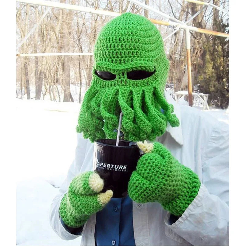 Octopus Hat Squid Mask Funny Winter Warm Knit Beard Hat Skiing Biking Accessories Gifts for Men Women Kid Red 240715
