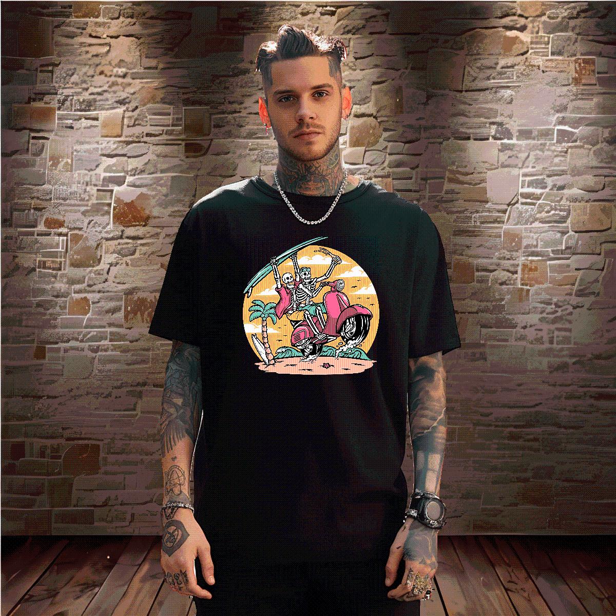 Fashion New T shirt Skeleton 100% Cotton 230g Black White Men Tees Daily Wear Breathable Short Sleeve Designer Clothes