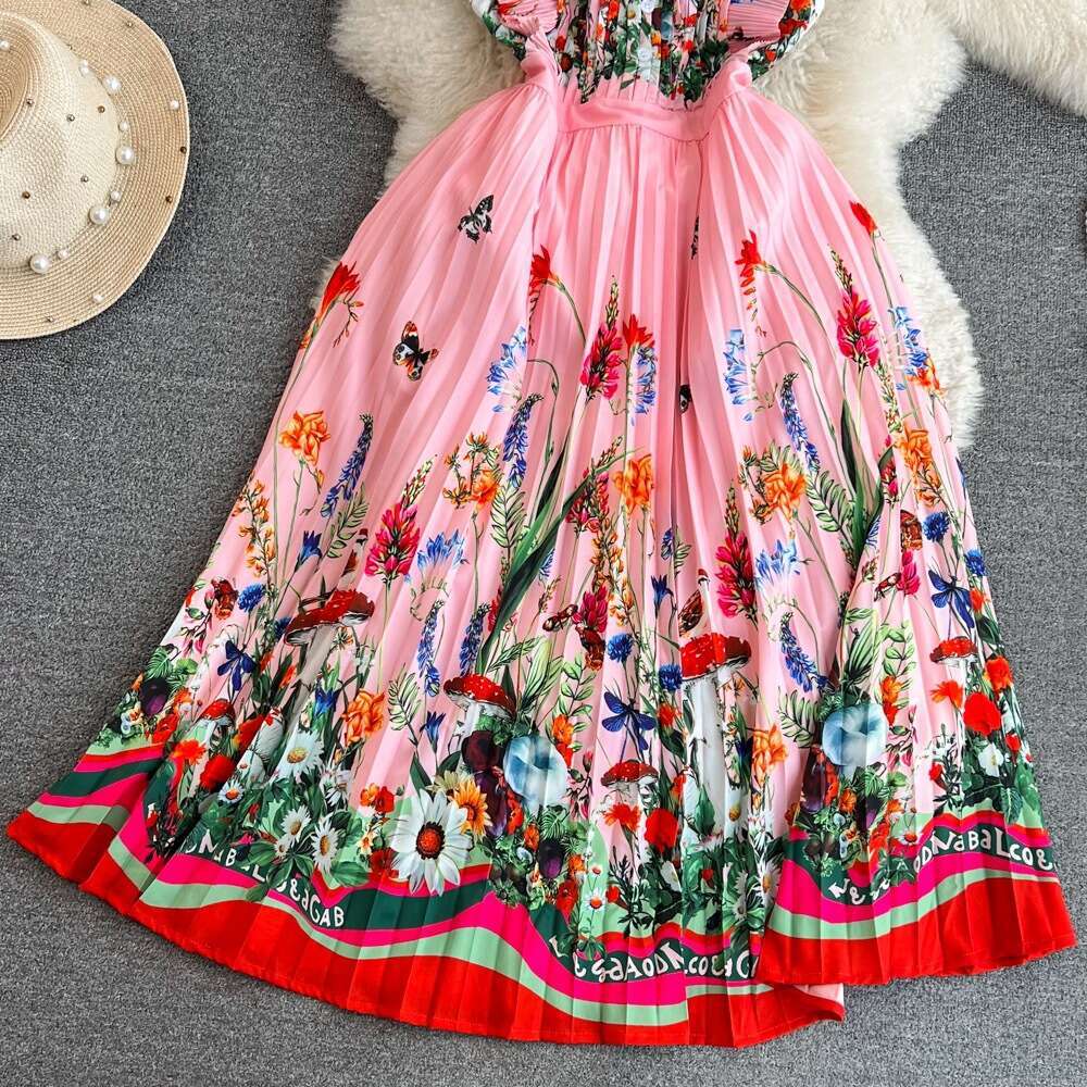 Summer Haute Couture, Socialite Temperament, Flying Sleeves, Stand Up Collar, Waist Up, Slim A-line Pleated Dress, Elegant Large Hem Skirt Lace Dress
