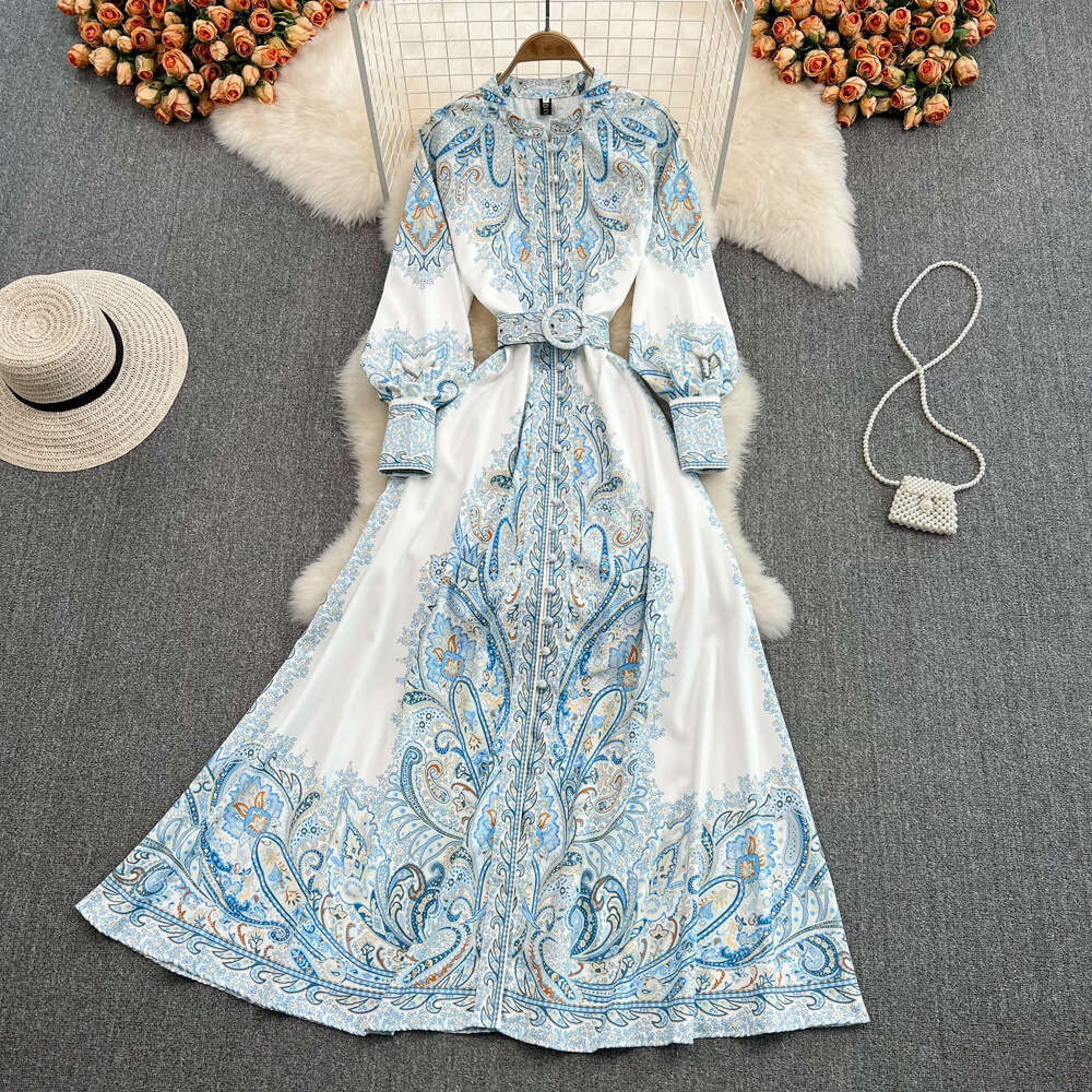 Palace Style Printed Long Sleeved Waist Cinched Single Breasted Lantern Sleeve A-line Large Hem Elegant Formal Dress Temperament Denim Dress SKINNY DR