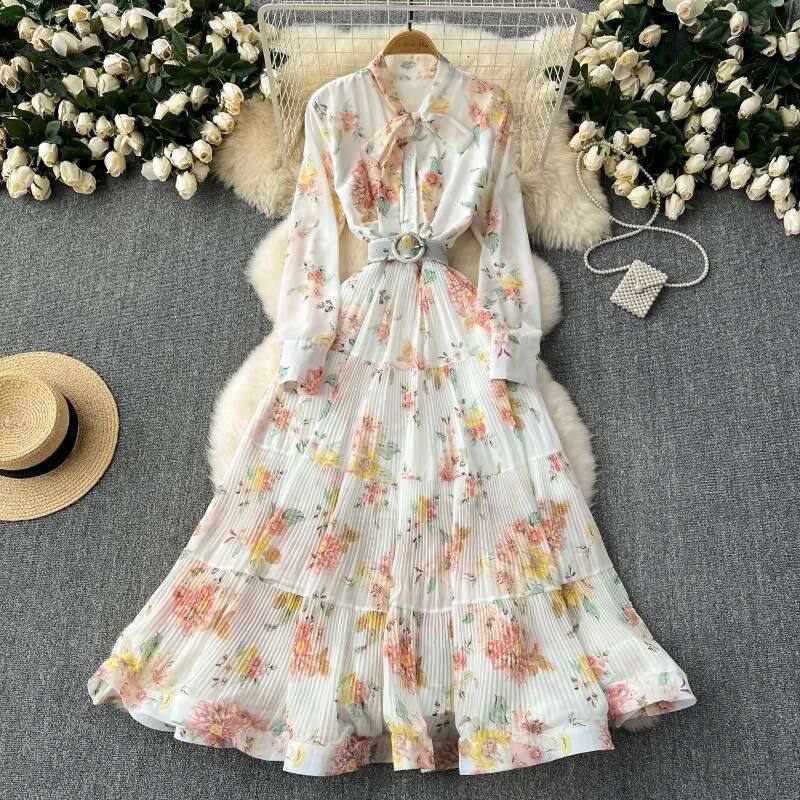 Light Mature Style 2024 New French Bow Tie Waist Wrap Large Ruffle Edge Fragmented Flower Long Dress Sexy Dress Waist Bifurcated Round Neck Dress Silk