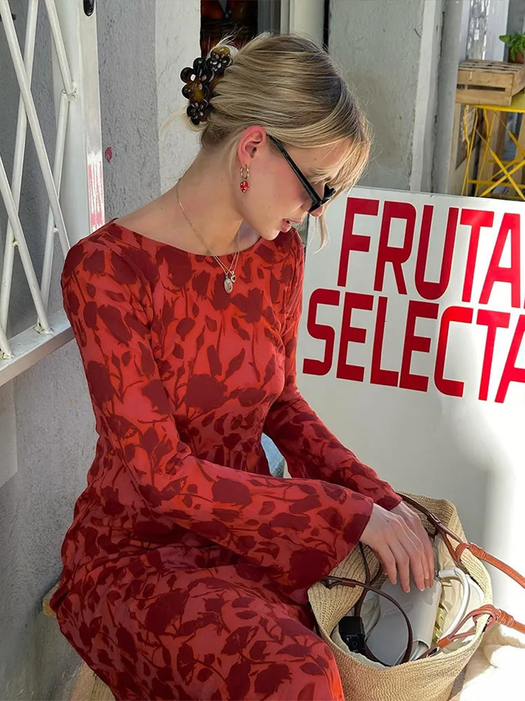 Summer Women Elegant Floral Print Flare Sleeve Maxi Dress Female Chiffon O Neck Printing Slim Beach Holiday Party Dresses 240712