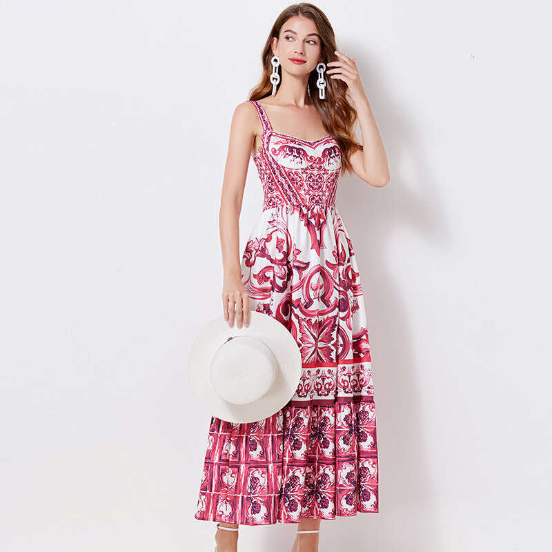 Ethnic Style Waistband Shows Slimming Temperament with A Camisole Dress, Summer Womens Haute Couture Print Stunning A-line Long Skirt Round Neck Dress