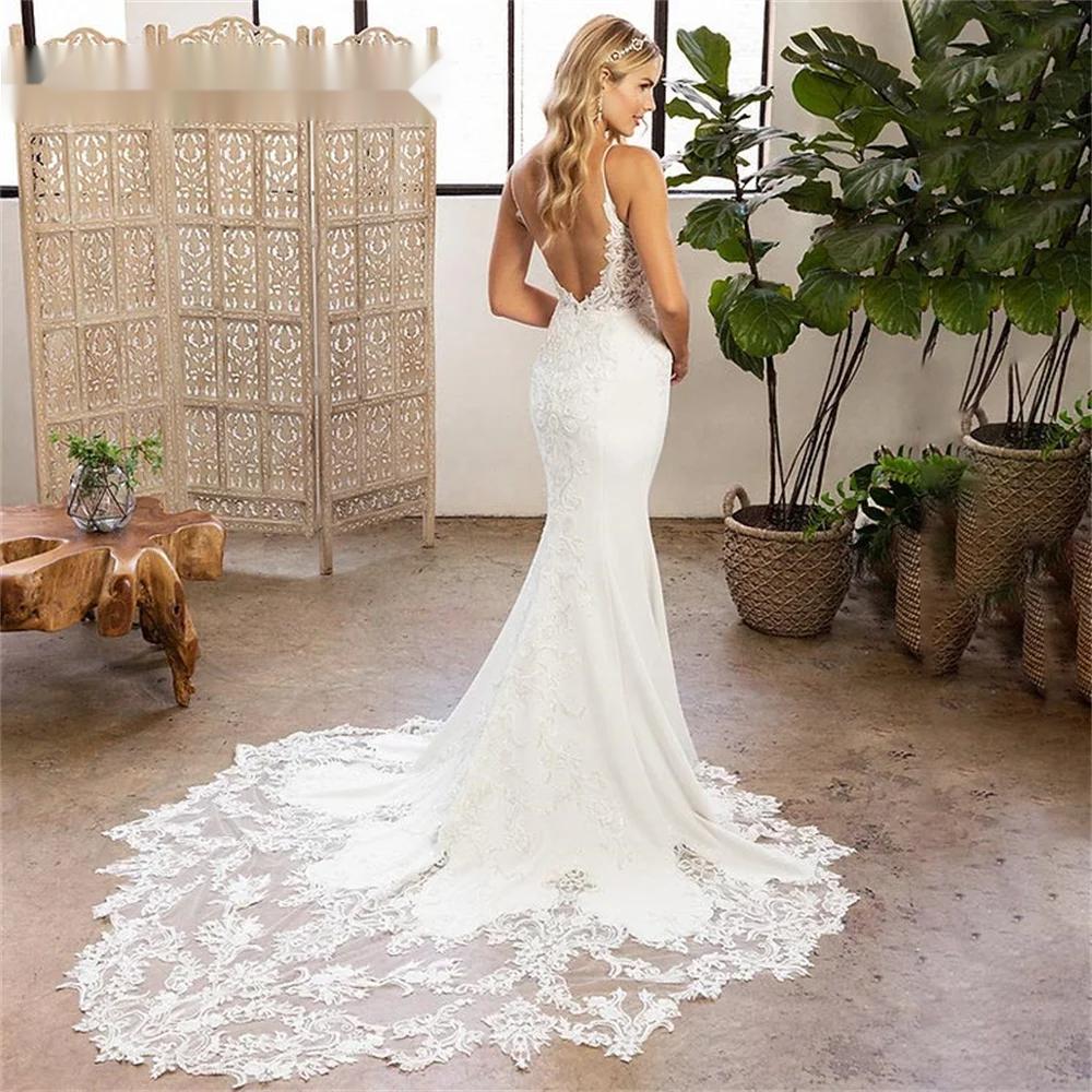 Sexy V-Neck Mermaid Wedding Dresses 2024 Lace Boho Sleeveless Bride Gowns Customized Pleats Illusion Back Vestido De Novia