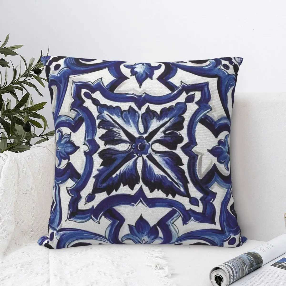 Blue Ornate Floral Mediterranean Sicilian Tile Square pillowcase pillow Cover Cushion Comfort Throw pillow for Home BedroomM240717