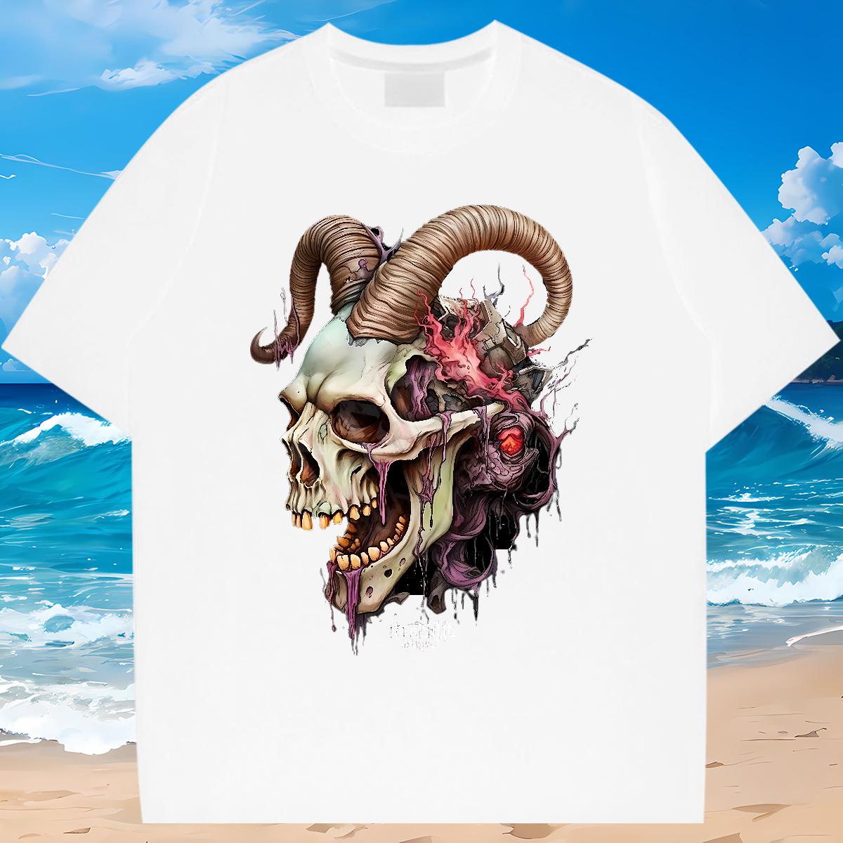 Casual New T-Shirts for Men Skeleton 230g Cotton Oversized Tshirts Home Outdoor Breathable Short Sleeve Soft Tee Shirt