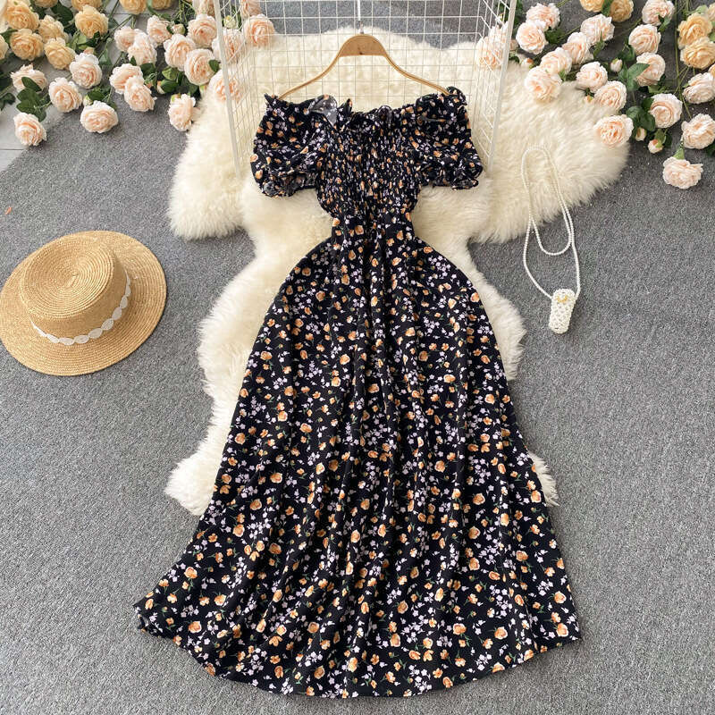 Little Fresh French Fairy Fragmented Flower with High Drawstring and Folded Waist for Slimming Big Swing Long Dress Waist Short Oversize Dress