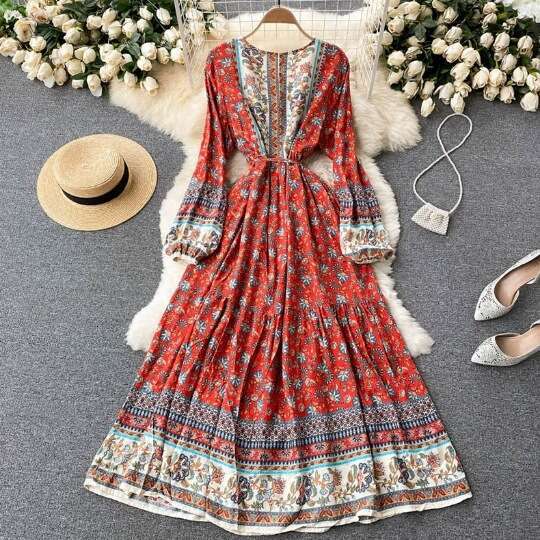 Vacation Floral New Western-style Bubble Sleeved Bohemian Lace Up Waist Long Dress Self-cultivation Loose Sexy Novelty High Waist Dress