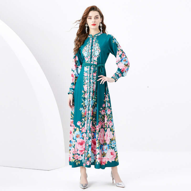 Wind 2024 Spring Vacation Style Stand Up Collar Single Breasted Lantern Sleeves Printed Wide Swing Long Dress Temperament Loose Waist Oversize Dress S