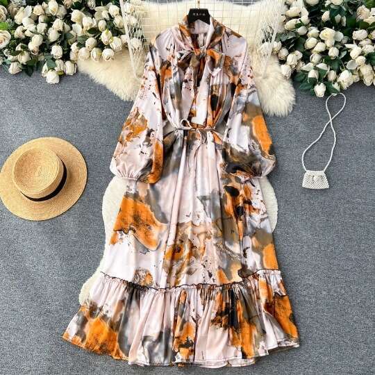 Gentle Style Tea Break Skirt with A High-end Feeling, Bow Tie, Lantern, Long Sleeves, Waist Cinching, Slim and Ruffled Edge Dress for Women Silk Dress