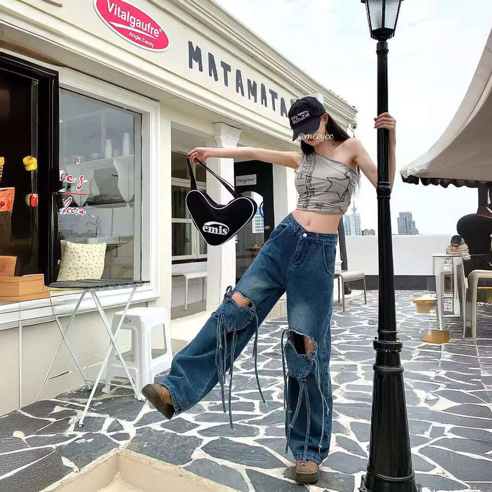 Broken Hole Heart-shaped Strap Jeans for Women in Early Spring, High Waist Design, Loose Straight Wide Leg Pants Gold Velvet Pants Waterproof Trousers