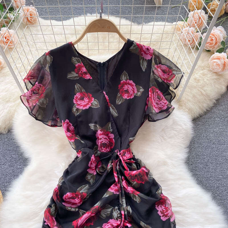 New Light Luxury Celebrity Chiffon Printed Elegant Ruffle Edge Fishtail Dress Womens Skirt Slimming Chiffon Floral Dress Sexy Dress Short Waist Silk D