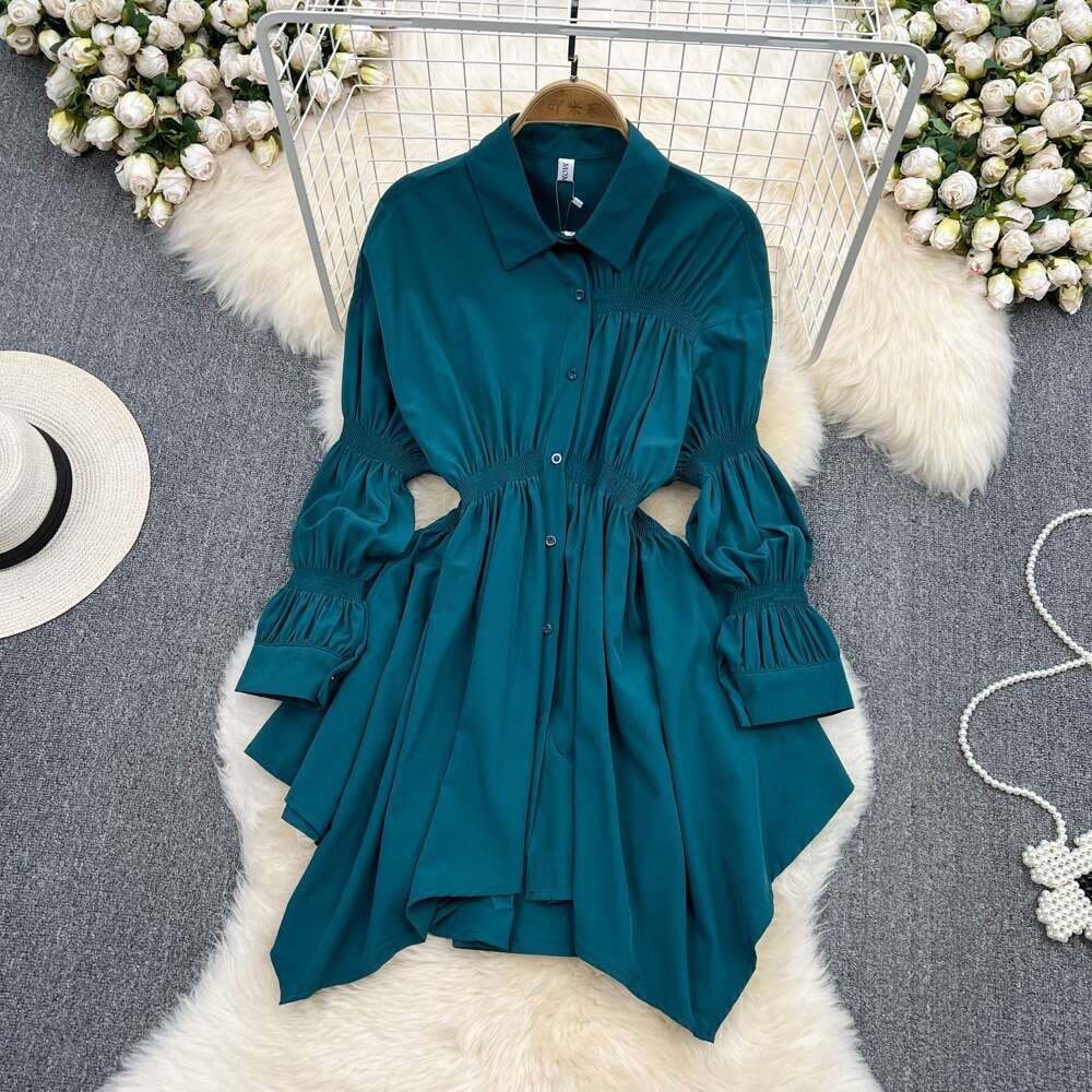 Hong Kong Style Single Breasted POLO Collar Slimming Shirt Skirt Spring High Waisted Long Sleeved Loose A-line Dress Temperament Silk Dress Round Neck