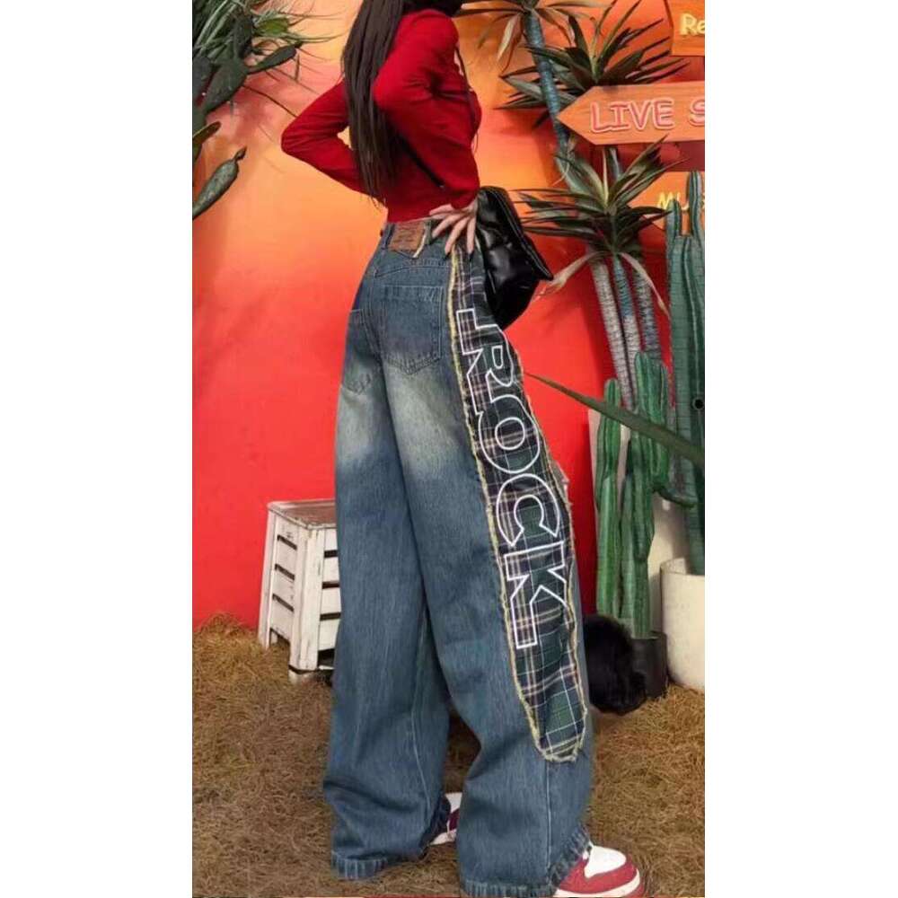 Jeans 2024 New Style Personalized Splicing Letter Plaid Wide Leg Beggar Pants for Women Japanese Harajuku Breathable Plaid Trousers Bound Feet Men Pan