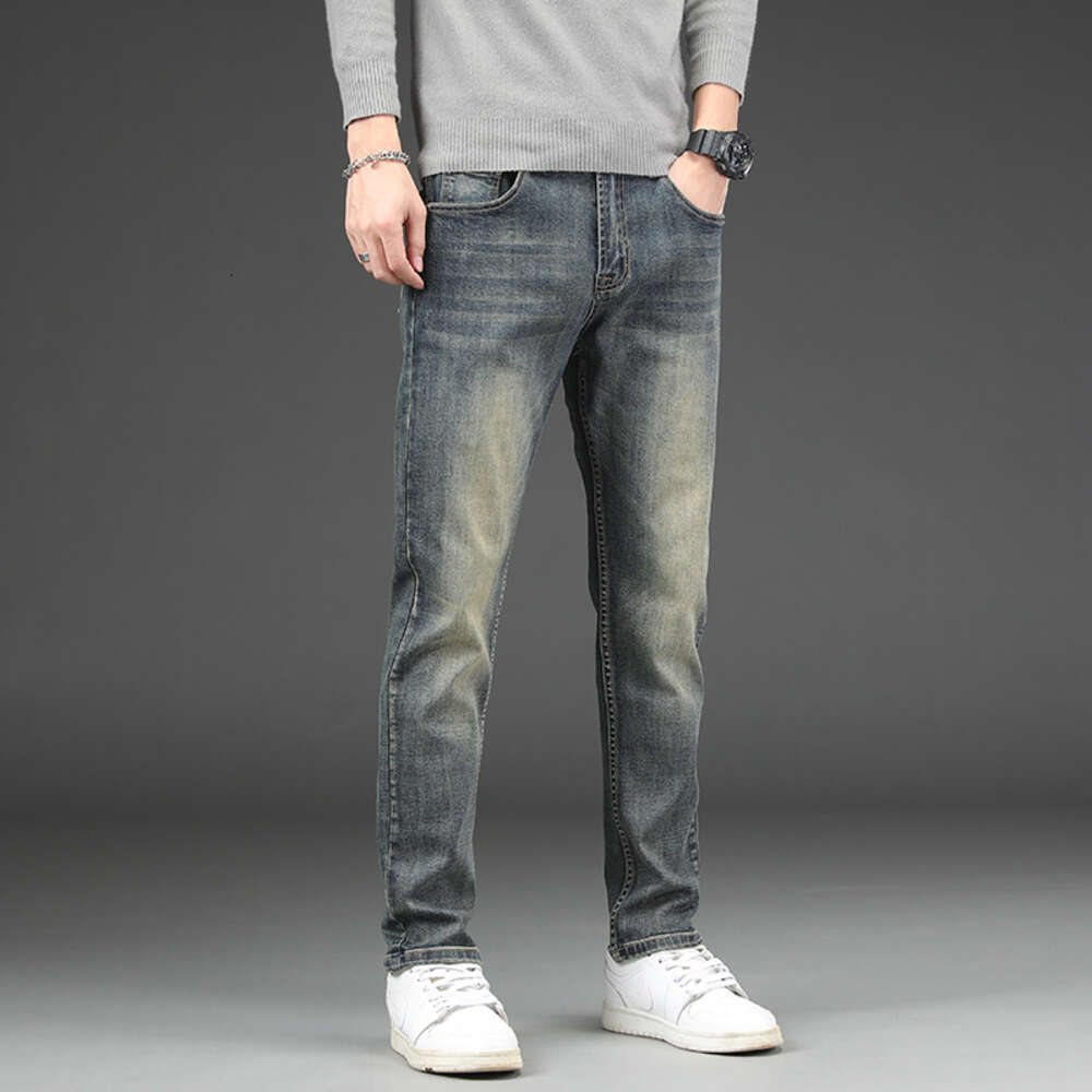 2023 new high-end jeans autumn and winter small straight leg men's elastic denim pants sub trend