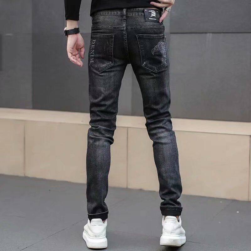 Gray jeans spring and autumn men's elastic slim feet pants Korean casual trend all-match