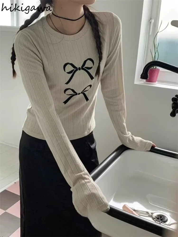 Simple Fashion Tshirts for Women Bow Print Casual Tees Ropa Mujer Long Sleeve O-neck Crop Tops Temperament Ladies T Shirts 240715