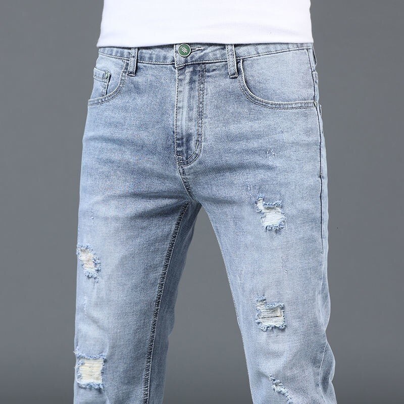 Designer Business Men's Denim Pants Summer Thin, Light Color Piercing Men's Jeans Slim Fit Korean Fashion Stretch Pants