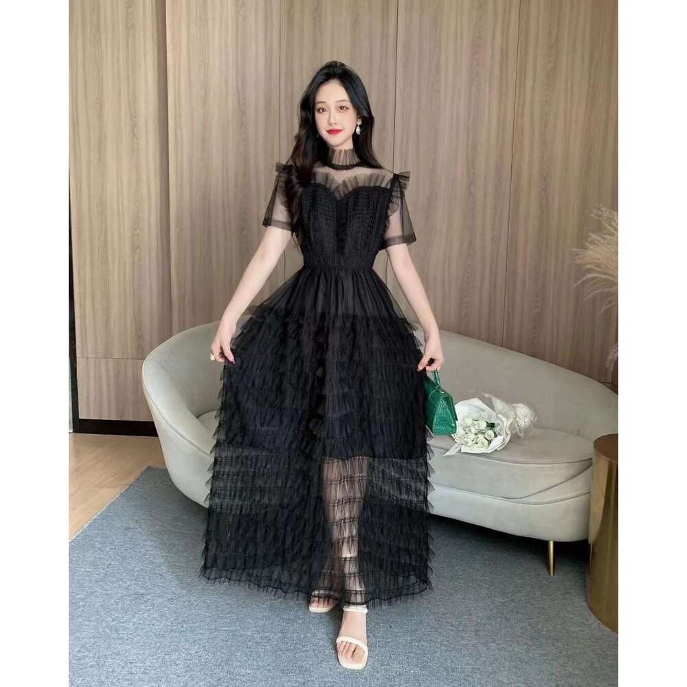 Fashion Leisure Time Popular Summer New Celebrity French Cake Skirt Mesh Spliced and Elegant High Waist Fluffy Dress Fishtail Dress Waist Temperament 