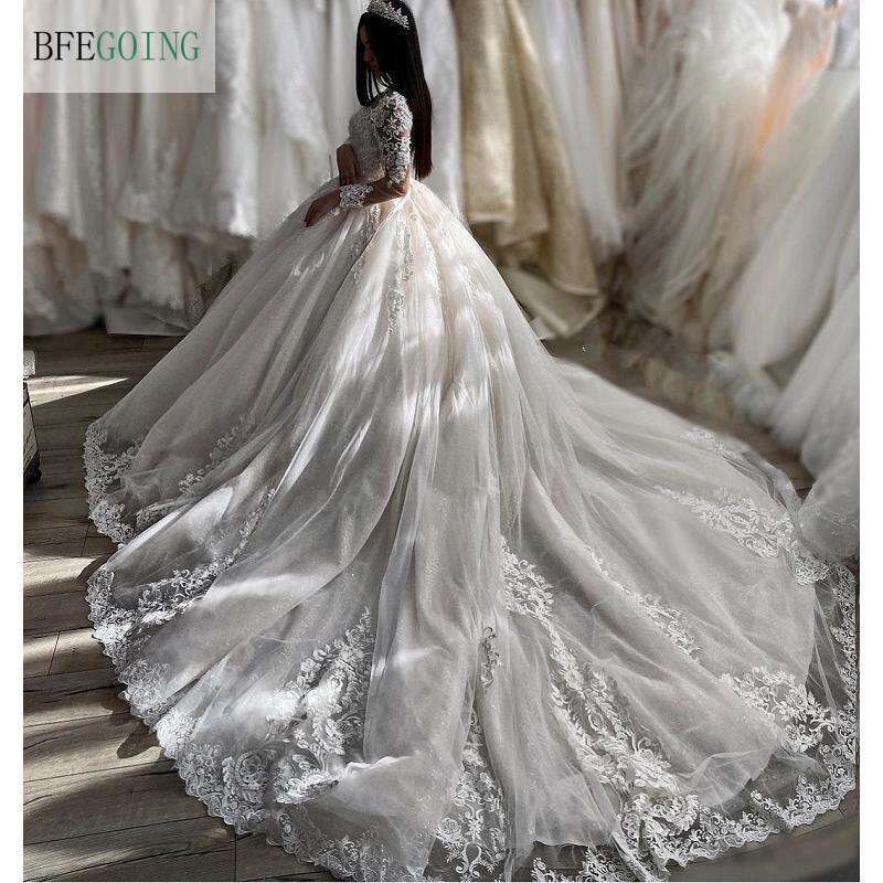 urious Ivory Lace Tulle Long Sleeves or-Length Ball Gown Wedding Dress Chapel Train Custom Made