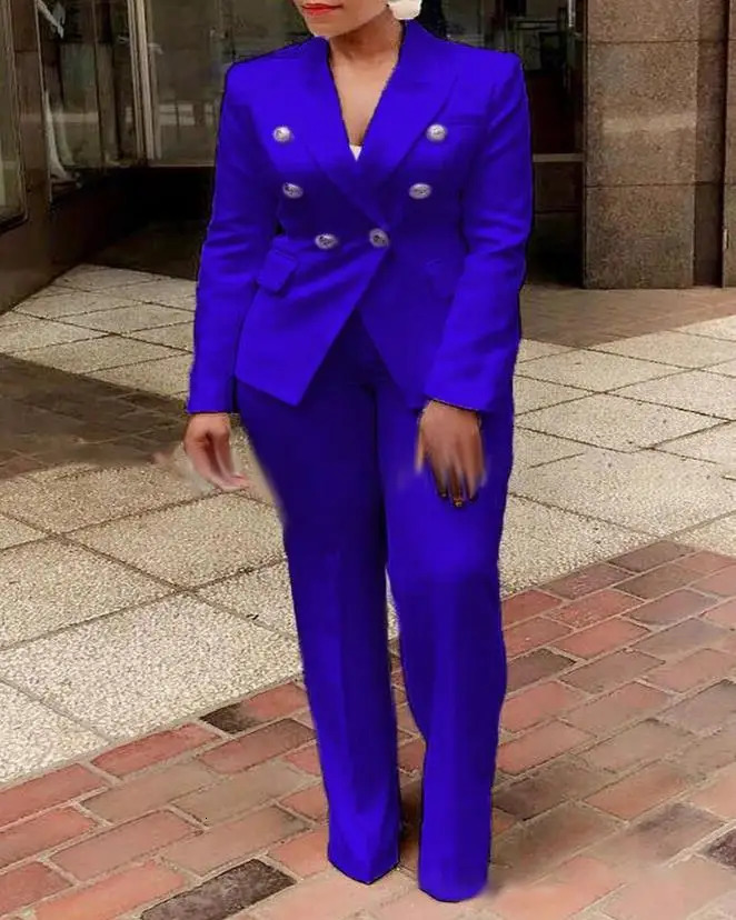 Office Ladies Two Piece Sets Womens Outifits Spring Fashion Long Sleeve Double Breasted Blazer Plain Elegant Pants Set 240712