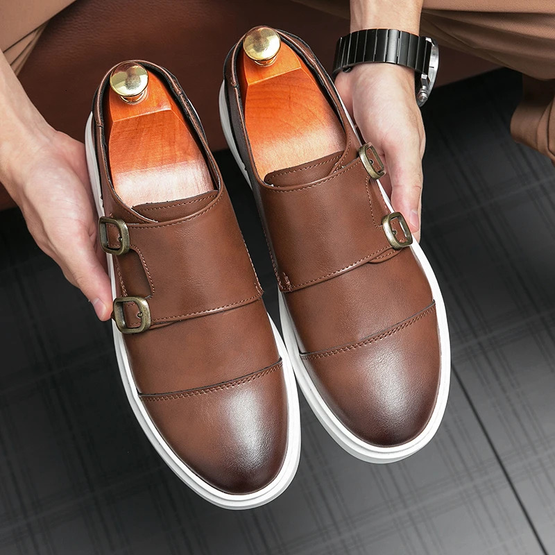 Italian mens double button casual shoes autumn leather Loafers office shoes mens driving business comfortable smooth mens shoes 240715