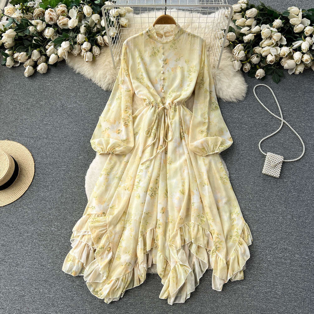European Style Lantern Sleeve Floral Dress for Women with Spring Drawstring Waist Design, Sleeved Ruffled Edge Fairy Long Skirt Loose Temperament Silk